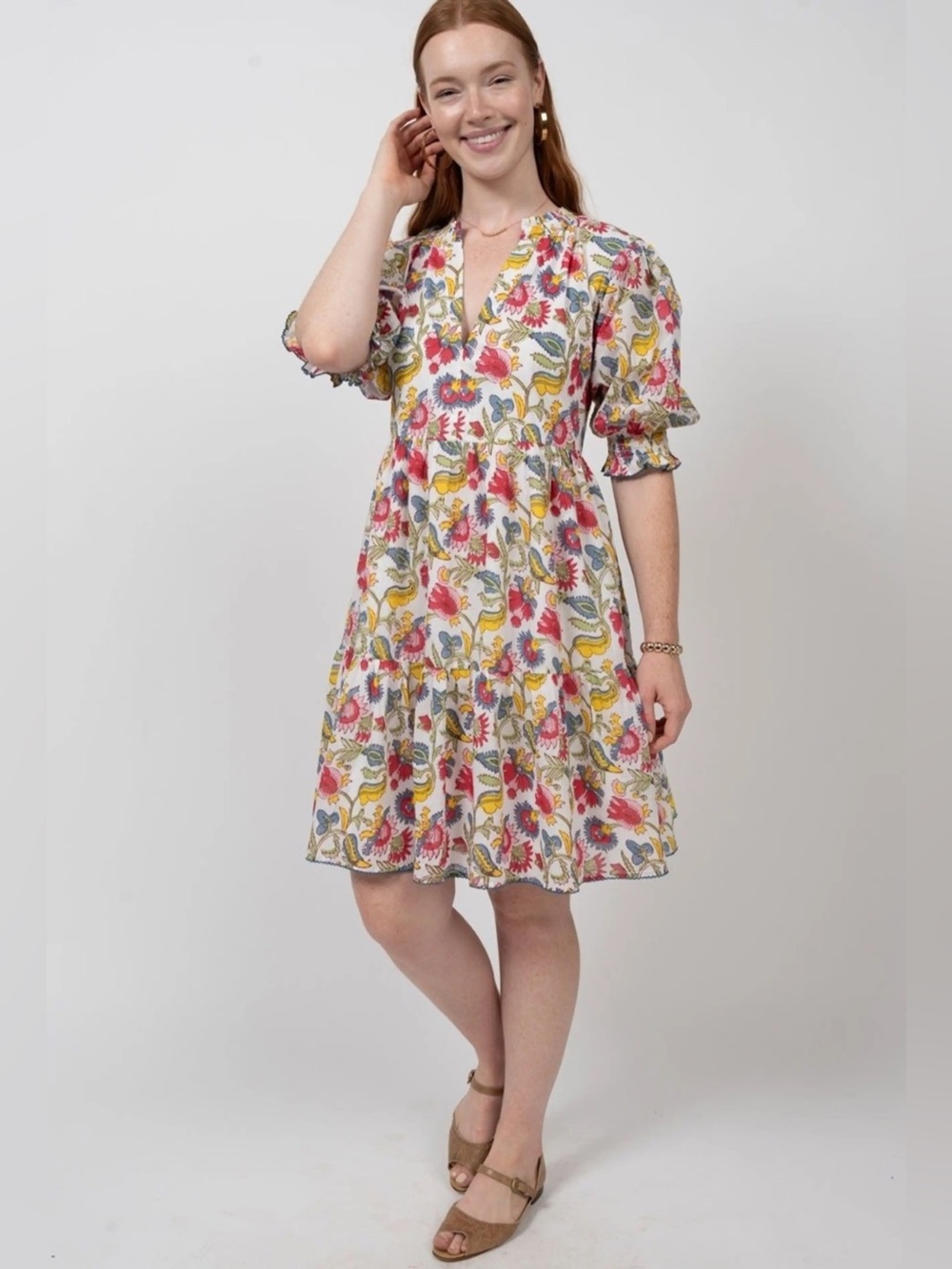 Uncle Frank White Floral Tiered Mini Dress with Pink & Yellow Blooms size small